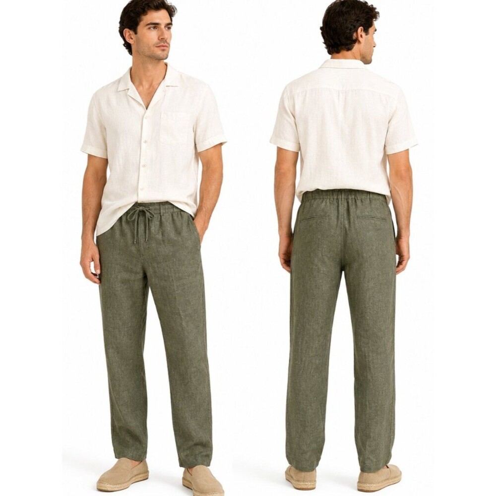 NOHOW Linen Drawstring Casual Pants Men Green Relaxed Straight Leg Size EU 50